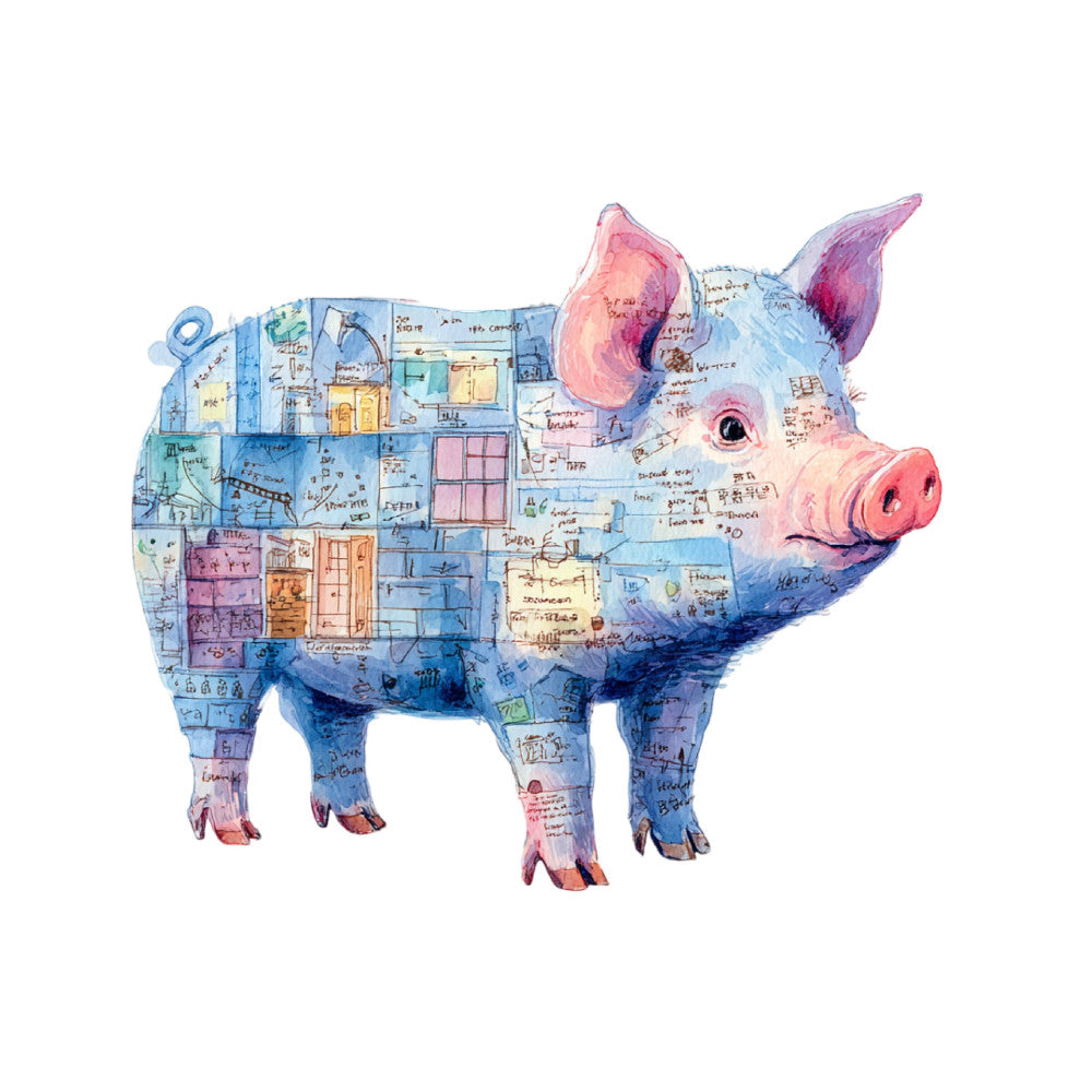 pig, watercolor, whimsical, farm animal, pastel blue, dusty rose, coral pink, lavender, architectural blueprint, farmhouse, children's, nursery, cute animals, illustrated, modern farmhouse, livestock, country style, playful, soft colors, watercolor painting, mixed media, artistic, pastel palette, animal illustration, homestead, farm life, cottage style, vintage illustration