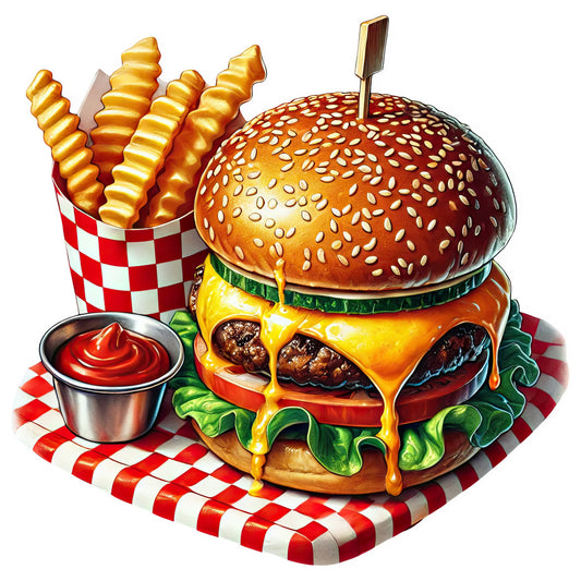 burger, fast food, food, cheeseburger, french fries, sesame seed, ketchup, condiments, red and white checkered, red checkered, diner, retro, vintage, whimsical, novelty, playful, americana, classic, fun, bright yellow, golden yellow, deep red, forest green, cream, kitchen, restaurant, casual, comic style, illustration, appetizing