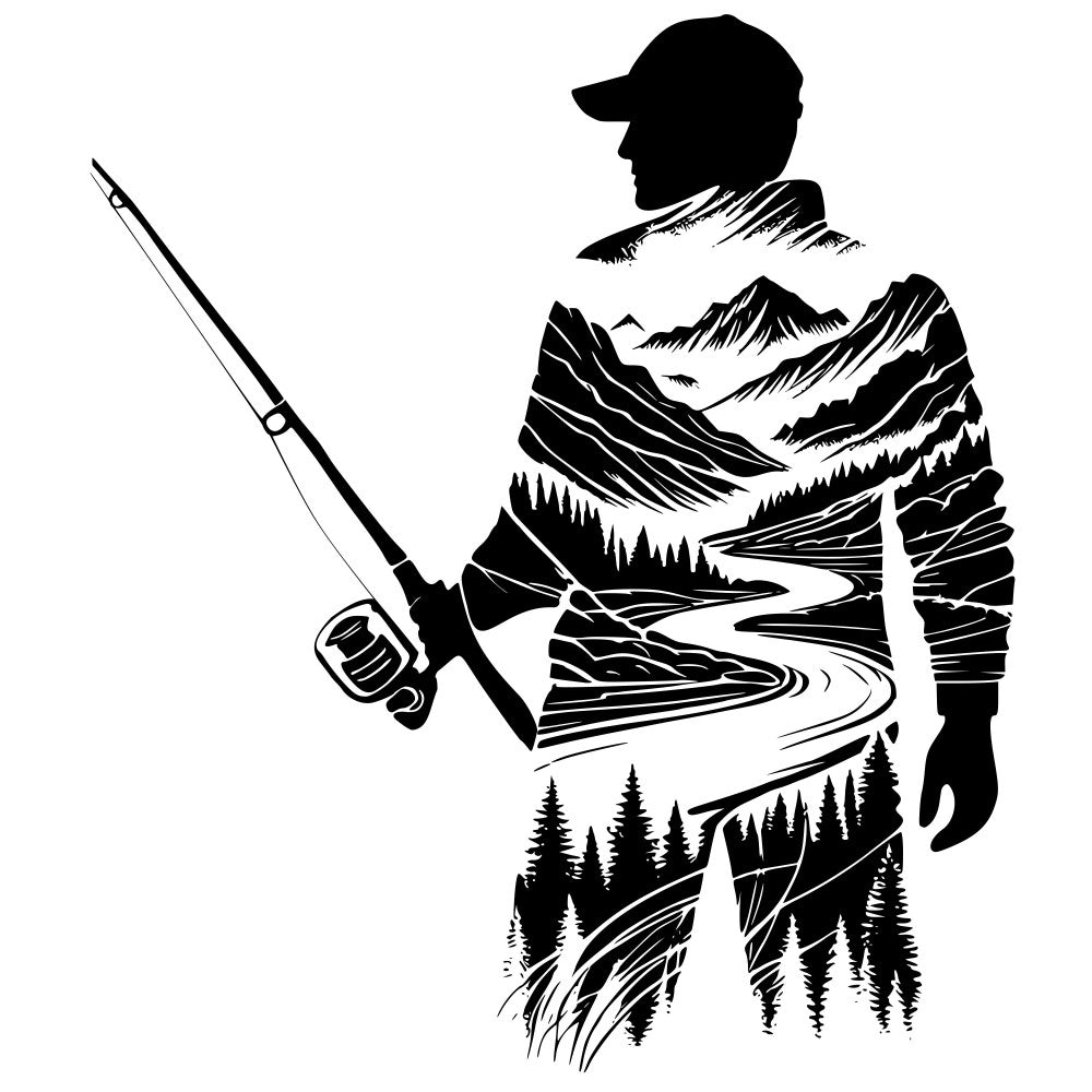 fishing, fisherman, silhouette, mountains, landscape, nature, outdoor, adventure, forest, trees, river, scenic, black and white, monochrome, rustic, masculine, sport, double exposure, wildlife, camping, hiking, woodland, pine trees, water, valley, peaks, modern, tattoo style, artistic, outdoor enthusiast