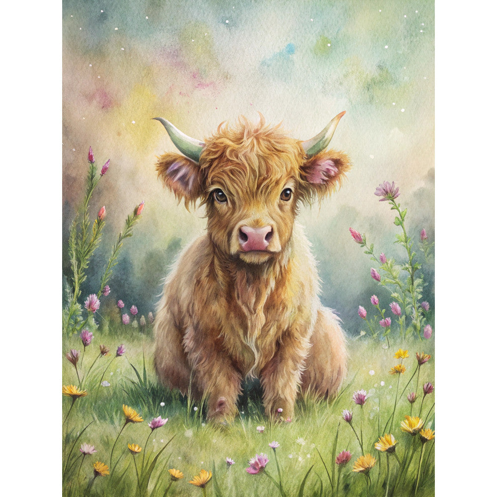 highland cow, fabric panel, watercolor style, pastoral scene, wildflowers, meadow grass, soft pastels, golden brown fur, whimsical art, nature scene, farm animal, floral elements, dreamy background, cotton panel, quilting fabric, spring flowers, gentle expression, countryside setting, artistic illustration, muted tones