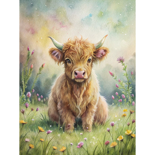 highland cow, fabric panel, watercolor style, pastoral scene, wildflowers, meadow grass, soft pastels, golden brown fur, whimsical art, nature scene, farm animal, floral elements, dreamy background, cotton panel, quilting fabric, spring flowers, gentle expression, countryside setting, artistic illustration, muted tones