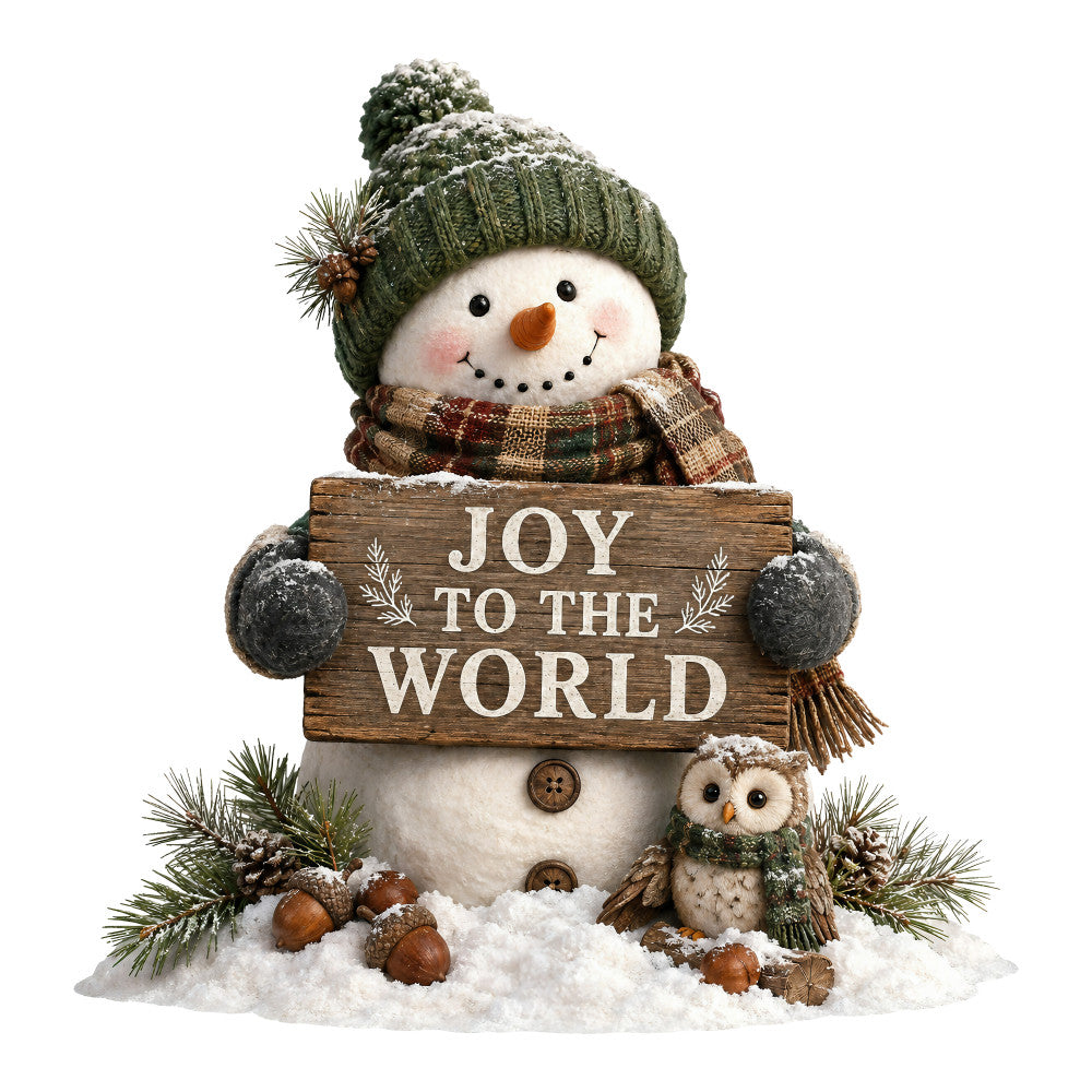 joy to the world, snowman, winter, christmas, holiday, snow, green, cream white, rust brown, sage green, woodland, rustic, whimsical, festive, seasonal, owl, evergreen, plaid scarf, knit hat, nature, animals, birds, pine cone, winter scene, traditional, cozy, decorative panel, wall hanging, holiday decor