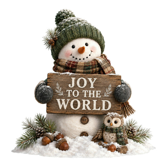 joy to the world, snowman, winter, christmas, holiday, snow, green, cream white, rust brown, sage green, woodland, rustic, whimsical, festive, seasonal, owl, evergreen, plaid scarf, knit hat, nature, animals, birds, pine cone, winter scene, traditional, cozy, decorative panel, wall hanging, holiday decor