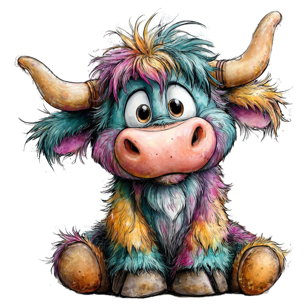 colorful, whimsical, highland cow, teal, purple, pink, golden yellow, brown, multi-colored, cute animals, cartoon style, playful, children's fabric, nursery, farm animals, Scottish highland, rustic charm, vibrant colors, modern whimsical, illustration style, animal characters, kid-friendly, pastoral, fun prints, decorative panel, wall art, novelty print, expressive eyes, bearded animal, horns