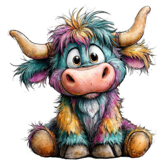 colorful, whimsical, highland cow, teal, purple, pink, golden yellow, brown, multi-colored, cute animals, cartoon style, playful, children's fabric, nursery, farm animals, Scottish highland, rustic charm, vibrant colors, modern whimsical, illustration style, animal characters, kid-friendly, pastoral, fun prints, decorative panel, wall art, novelty print, expressive eyes, bearded animal, horns