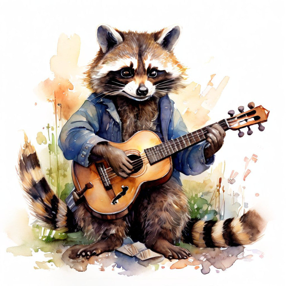 raccoon, musician, guitar player, woodland animals, whimsical, folk art, watercolor, nature-inspired, blue jacket, denim, cream, tan, brown, black, forest green, acoustic guitar, music theme, animal characters, playful, bohemian, rustic, illustrative, artistic, charming, children's design, nursery, wall art, storybook style, casual wear, apparel fabric