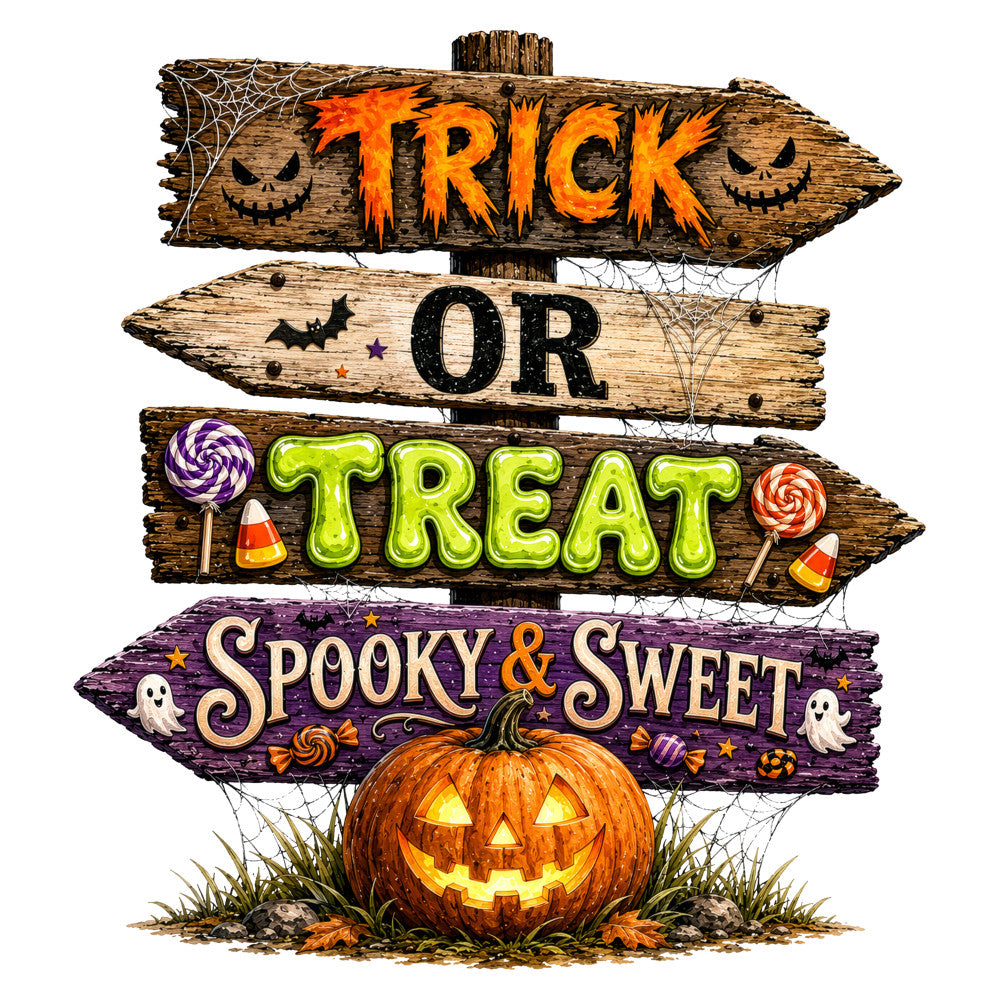 halloween, trick or treat, spooky, sweet, jack-o-lantern, pumpkin, orange, purple, green, lime green, black, candy corn, lollipop, ghost, bat, cobweb, autumn, fall, holiday, whimsical, festive, rustic, vintage, directional sign, trick or treat sign, candy themed, playful, witchy, seasonal decoration, wall hanging