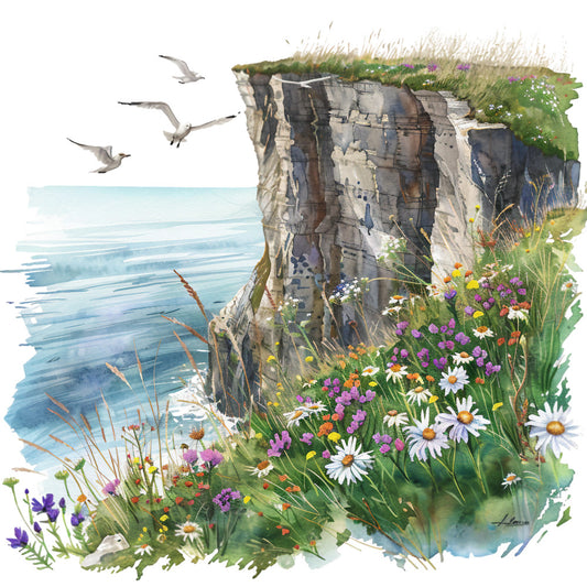 watercolor, summer landscape, coastal cliff, seagulls, wildflowers, ocean waves, fabric panel, quilting cotton, white daisies, purple flowers, green grass, gray rocks, blue water, botanical elements, seaside scene, flying birds, floral motifs, nature inspired, soft pastels, artistic painting