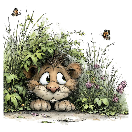 cute animal, cat, lion, wildlife, nature, garden, botanical, flowers, butterflies, insects, grass, herbs, whimsical, playful, children's, storybook, illustrated, sage green, moss green, soft green, cream, tan, brown, lavender, purple pink, earthy tones, spring, summer, woodland, forest