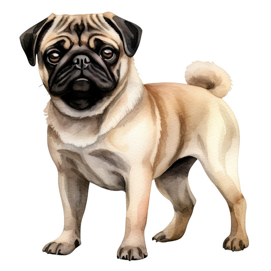 Watercolor Pug Fabric Panel 22 featuring a detailed, hand-painted style pug on premium 100% quilting cotton fabric printed in the USA.