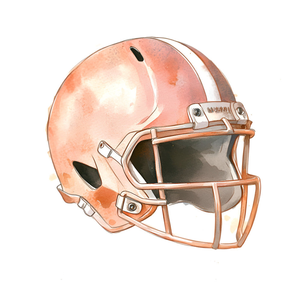 coral pink, peachy orange, burnt orange, watercolor, sports, football helmet, athletic, modern, masculine, team spirit, sports fan, game day, orange helmet, metallic accents, realistic, detailed illustration, fan apparel, competitive sports, youth sports, sports themed, orange and white, helmet design, football fan, varsity style, casual wear, sports enthusiast, action theme, victory