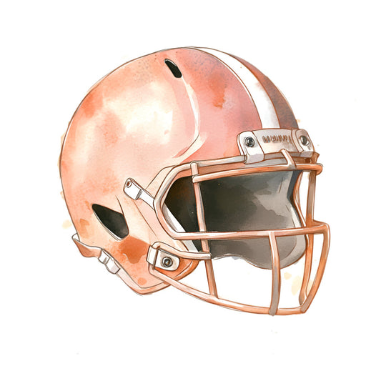 coral pink, peachy orange, burnt orange, watercolor, sports, football helmet, athletic, modern, masculine, team spirit, sports fan, game day, orange helmet, metallic accents, realistic, detailed illustration, fan apparel, competitive sports, youth sports, sports themed, orange and white, helmet design, football fan, varsity style, casual wear, sports enthusiast, action theme, victory