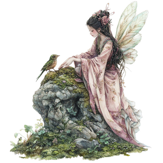 fairy, fantasy, whimsical, woodland, nature, fairy wings, iridescent wings, pastel pink, dusty rose, moss green, sage green, soft purple, vintage, romantic, elegant, bird, small bird, floral, flowers in hair, enchanted forest, magical, storybook, children's, nature-inspired, garden, mossy rock, botanical, spring, ethereal, fantasy character