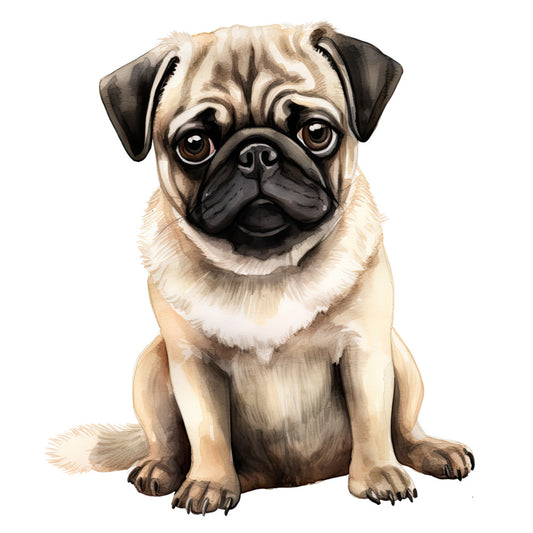 Watercolor Pug Fabric Panel 26 features a detailed, hand-painted style pug sitting with soft fur textures on premium quilting cotton.