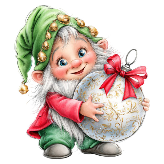christmas elf, holiday, festive, whimsical, jolly, green and red, forest green, bright red, cream, gold accents, ornament, bell, bow, vintage, traditional, cheerful, magical, seasonal, christmas decoration, winter, portrait, character, gnome, jingle bells, nostalgic, retro, decorative, children's, festive cheer