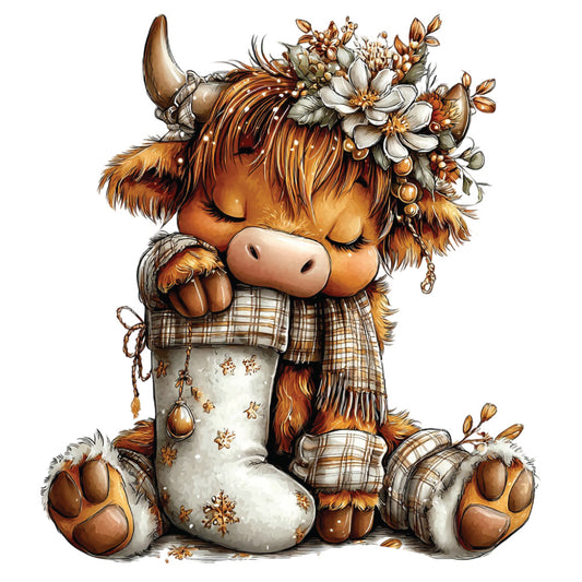 christmas highland cow, brown cow, orange fur, cream colored, white flowers, floral crown, plaid scarf, winter boots, snowflake stockings, sitting pose, cute animal, whimsical illustration, fabric panel, quilting cotton, holiday theme, winter seasonal, soft pastels, charming character, cozy accessories, festive design