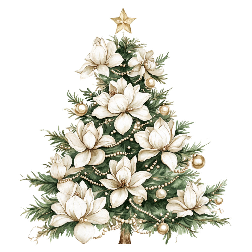 cream floral, white flowers, gold star, pearl ornaments, evergreen, holiday, christmas, elegant, luxurious, magnolia, botanical, nature-inspired, festive, traditional, vintage, winter, cream and green, pearl beads, gold accents, sophisticated, formal, seasonal, botanical illustration, classic, timeless, decorative, ornate, festive decor, holiday themed, cream white