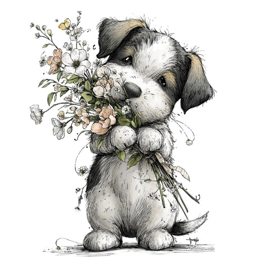 dog, puppy, flowers, floral, botanical, nature, animals, whimsical, illustration, sketch, ink drawing, black and white, cream, tan, sage green, charcoal gray, sweet, cute, nursery, baby, children, storybook, vintage, artistic, delicate, spring, garden, bunny, pet, gentle