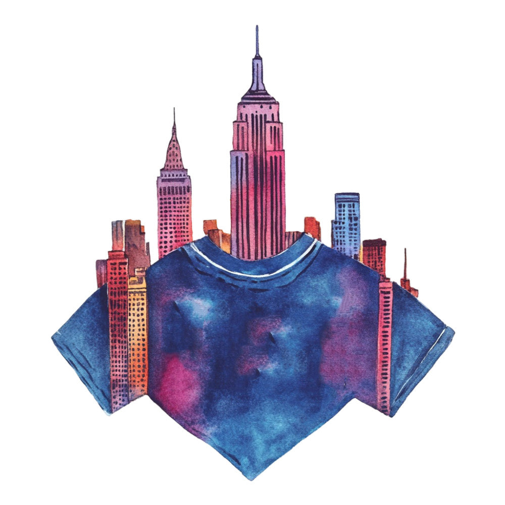 skyline, new york, cityscape, empire state building, chrysler building, urban, metropolitan, navy blue, deep blue, royal blue, magenta, hot pink, purple, gradient, watercolor, abstract, cosmic, galaxy, night sky, modern, contemporary, architectural, buildings, skyscrapers, geometric, artistic, wall hanging, home decor, city lovers, travel themed