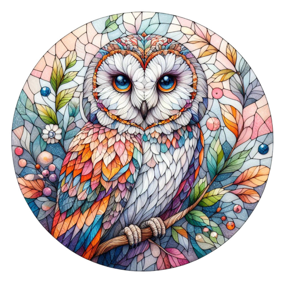 stained glass, owl, fabric panel, quilting cotton, multicolored, blue eyes, geometric pattern, mosaic style, colorful feathers, floral elements, leaves, branches, berries, white owl, orange accents, purple shades, green foliage, pink tones, circular design, nature motifs