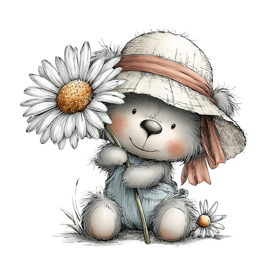 cute bear, teddy bear, daisy flower, white flower, brown ribbon, hat, straw hat, animal theme, whimsical, charming, gentle, cream white, tan brown, soft colors, spring, summer, nature, floral, children's, baby, sweet, adorable, cottage core, pastoral, garden theme, innocent, playful, illustration style, decorative panel, wall hanging