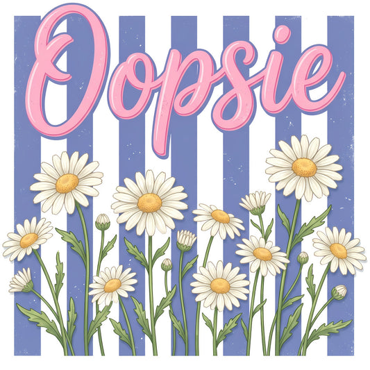 navy blue, coral pink, white, golden yellow, striped background, floral, daisies, flowers, nature, spring, summer, whimsical, cheerful, optimistic, botanical, vintage, retro, feminine, cottage core, daisy motif, green stems, buds, blooming flowers, inspirational, typography, quote, motivational, pastel aesthetic, striped pattern, layered design
