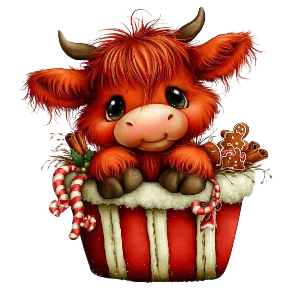 red, orange, burnt orange, cream, white, brown, gold, holiday, christmas, festive, whimsical, cute, animals, highland cattle, cow, gingerbread, candy canes, winter, seasonal, decorative, charming, folk art, traditional, storybook, children's, playful, nostalgic, gift