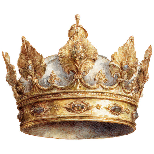 gold crown, royal crown, ornate jewelry, metallic gold, antique brass, decorative flourishes, baroque style, regal motif, gemstones, pearls, fabric panel, quilting cotton, majestic design, heraldic elements, fleur-de-lis, ornamental details, vintage illustration, medieval crown, golden tones, decorative arts