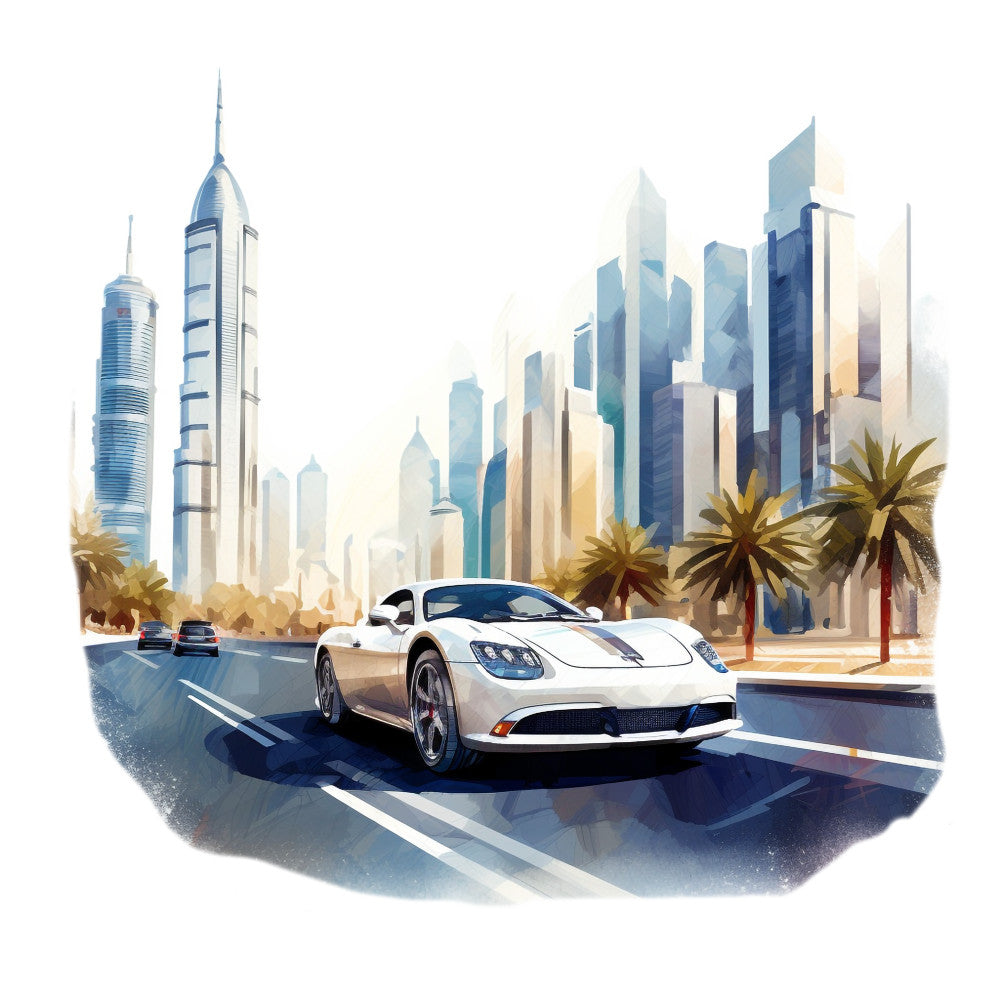 white sports car, city skyline, palm trees, blue buildings, watercolor style, modern architecture, urban scene, road street, fabric panel, quilting cotton, automotive theme, middle eastern cityscape, contemporary art, blue tones, beige accents, geometric buildings, luxury car, tropical elements, artistic illustration, cotton fabric