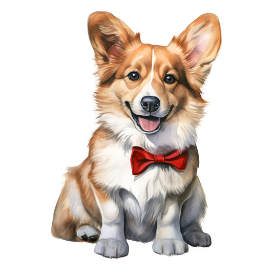 corgi, dog, pet, animal, red bow tie, fawn, cream, white, tan, rust orange, cheerful, whimsical, playful, cute, portrait, character, adorable, festive, dapper, dressed up, formal wear, children's, kids, decorative, charming, friendly, happy expression, companion animal