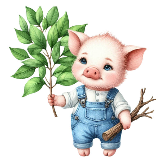 cute pig, farm animals, countryside, denim blue, cream white, sage green, leaf green, whimsical, farmhouse style, rustic charm, children's fabric, baby quilt, nursery decor, storybook illustration, adorable animals, nature inspired, pastoral theme, playful animals, overalls, agricultural, cottage core, spring, summer, woodland creature, sweet animals, vintage illustration, folk art, charming design, animal characters, cheerful