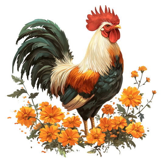 rooster, orange flowers, marigolds, cream colored, rust orange, dark green feathers, red comb, fabric panel, quilting cotton, floral design, farm animal, barnyard, autumn colors, botanical elements, realistic art style, country theme, bird illustration, orange petals, green leaves, decorative panel