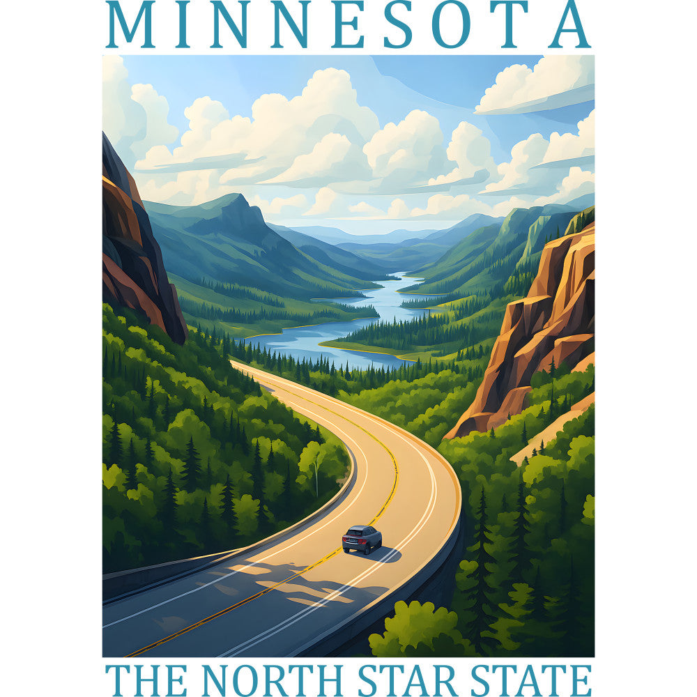 fabric panel, minnesota, north star state, scenic landscape, winding road, mountain valley, forest green, sky blue, golden yellow, orange cliffs, white clouds, evergreen trees, river valley, car on highway, travel poster style, vintage illustration, quilting cotton, nature scene, outdoor adventure, state pride
