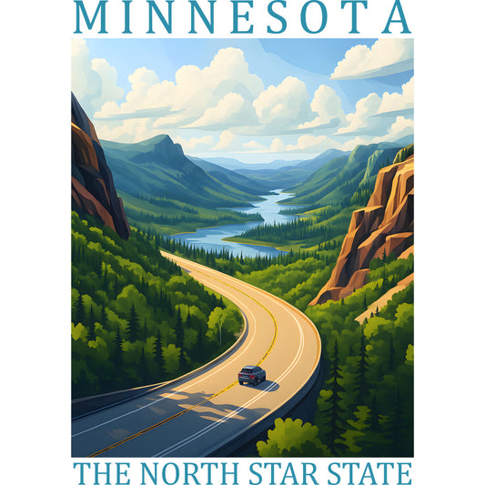 fabric panel, minnesota, north star state, scenic landscape, winding road, mountain valley, forest green, sky blue, golden yellow, orange cliffs, white clouds, evergreen trees, river valley, car on highway, travel poster style, vintage illustration, quilting cotton, nature scene, outdoor adventure, state pride