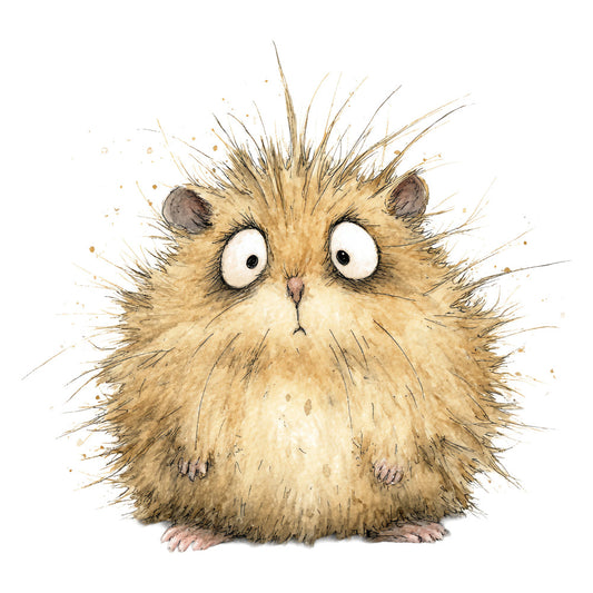 tan, beige, cream, brown, taupe, cute animals, fluffy, grumpy cat, puffed up cat, whimsical, humorous, funny, illustration, watercolor, splatter effect, spiky fur, wide eyed, surprised expression, cat lover, pet themed, nursery, children's, playful, quirky, artistic, contemporary, casual style, adorable creatures