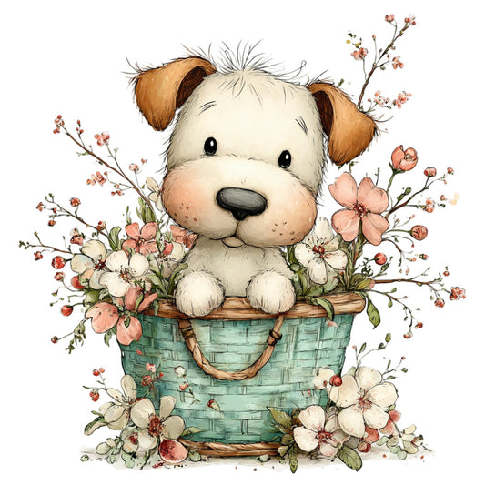 cute puppy, dog, animals, floral, flowers, spring, pastel colors, cream, white, sage green, dusty rose, coral pink, whimsical, sweet, children's, baby, nursery, basket, flowers in basket, nature, delicate, feminine, soft, gentle, illustration, watercolor style, adorable, kids, baby quilt, wall hanging
