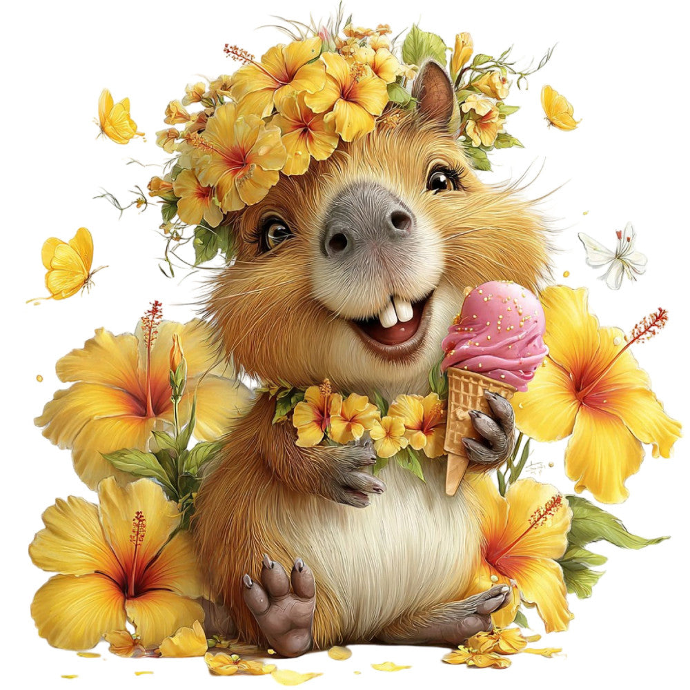 golden yellow, warm brown, cream white, coral orange, pink, whimsical, cheerful, cute animals, groundhog, hamster, rodent, flowers, hibiscus, yellow flowers, butterflies, nature, spring, summer, garden, playful, sweet, friendly, ice cream cone, dessert, food, children, kids, baby, kawaii style, folk art