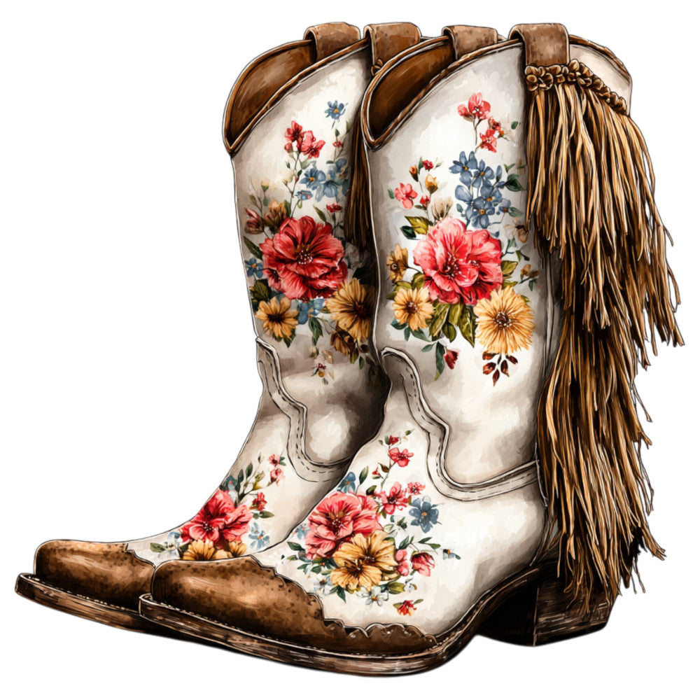 western cowboy boots, floral, cream white, coral red, golden yellow, navy blue, roses, daisies, vintage, rustic, farmhouse, bohemian, western wear, country style, boots with fringe, embroidered flowers, wildflowers, spring blooms, summer florals, traditional, cottage core, boho western, decorative panel, apparel fabric, horse country, southwestern, texas style, romantic floral, multi-colored flowers