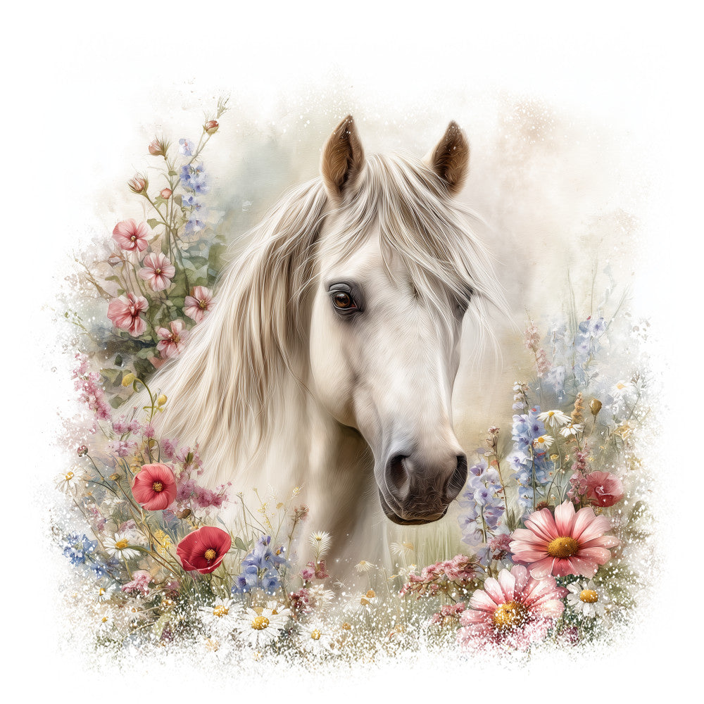 white horse, floral border, wildflowers, pink flowers, blue flowers, cream background, soft pastels, realistic artwork, equestrian theme, fabric panel, quilting cotton, horse portrait, meadow flowers, gentle expression, flowing mane, botanical design, spring flowers, delicate illustration, nature scene, cottagecore aesthetic