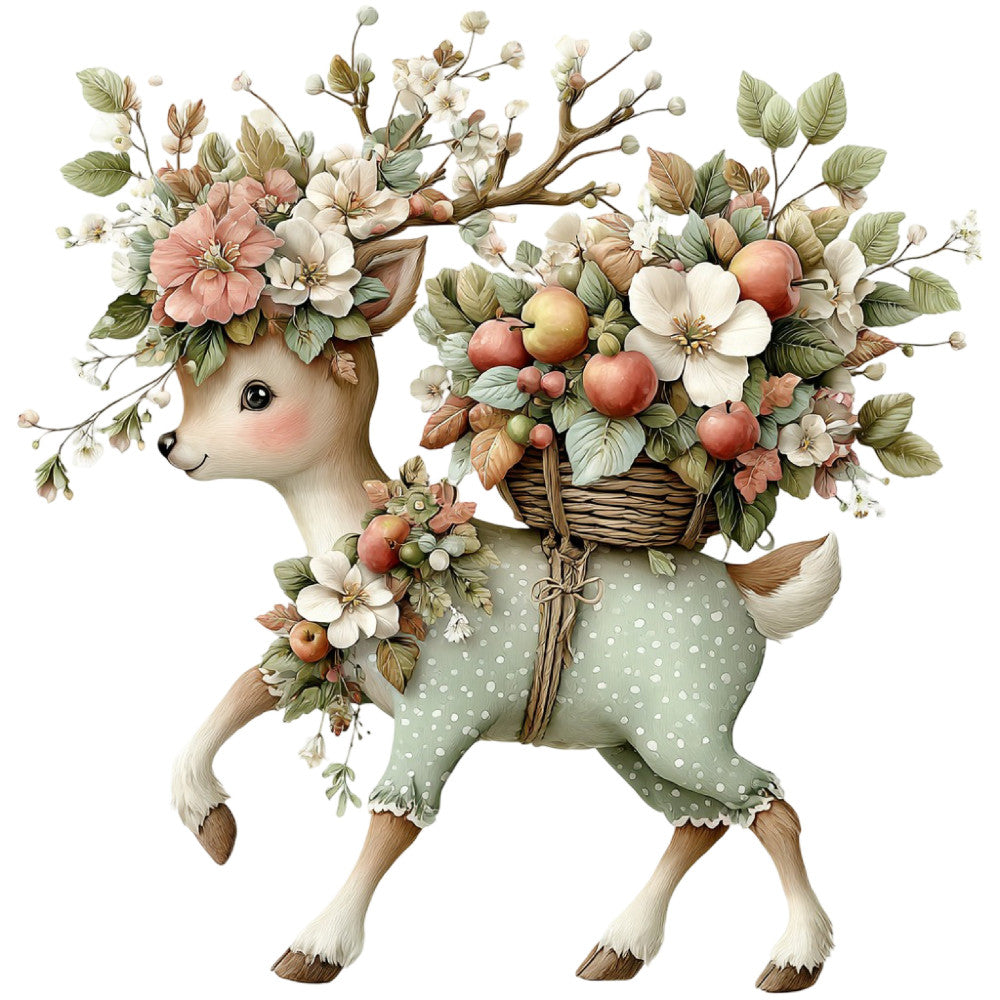 floral, deer, woodland, whimsical, animals, nature, sage green, cream, blush pink, coral pink, botanical, vintage, rustic, elegant, spring, summer, fruit, apples, flowers, leaves, baskets, cottage core, farmhouse, soft colors, pastel, delicate, baby quilt, nursery, wall hanging, storybook