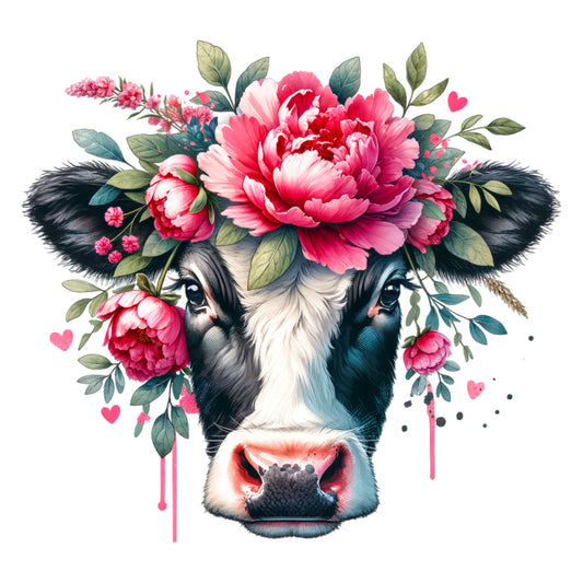 cow portrait, floral crown, pink peonies, watercolor style, farm animal, black white cow, green leaves, pink flowers, fabric panel, quilting cotton, whimsical art, holstein cow, botanical elements, decorative florals, craft fabric, sewing panel, pink hearts, artistic illustration, animal portrait, floral headpiece
