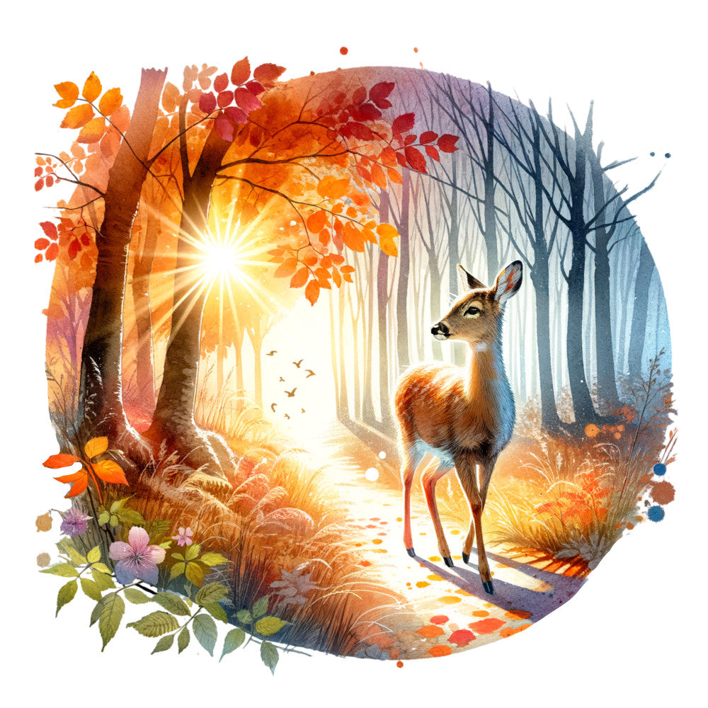 autumn forest, golden yellow, burnt orange, deep red, forest green, sage green, dusty blue, warm amber, deer, woodland animals, nature scene, forest path, sunlight, fall foliage, whimsical, ethereal, peaceful, landscape, seasonal, autumn leaves, wildflowers, purple flowers, transitional, magical, contemplative, wildlife, trees, sunburst, watercolor style, wall hanging