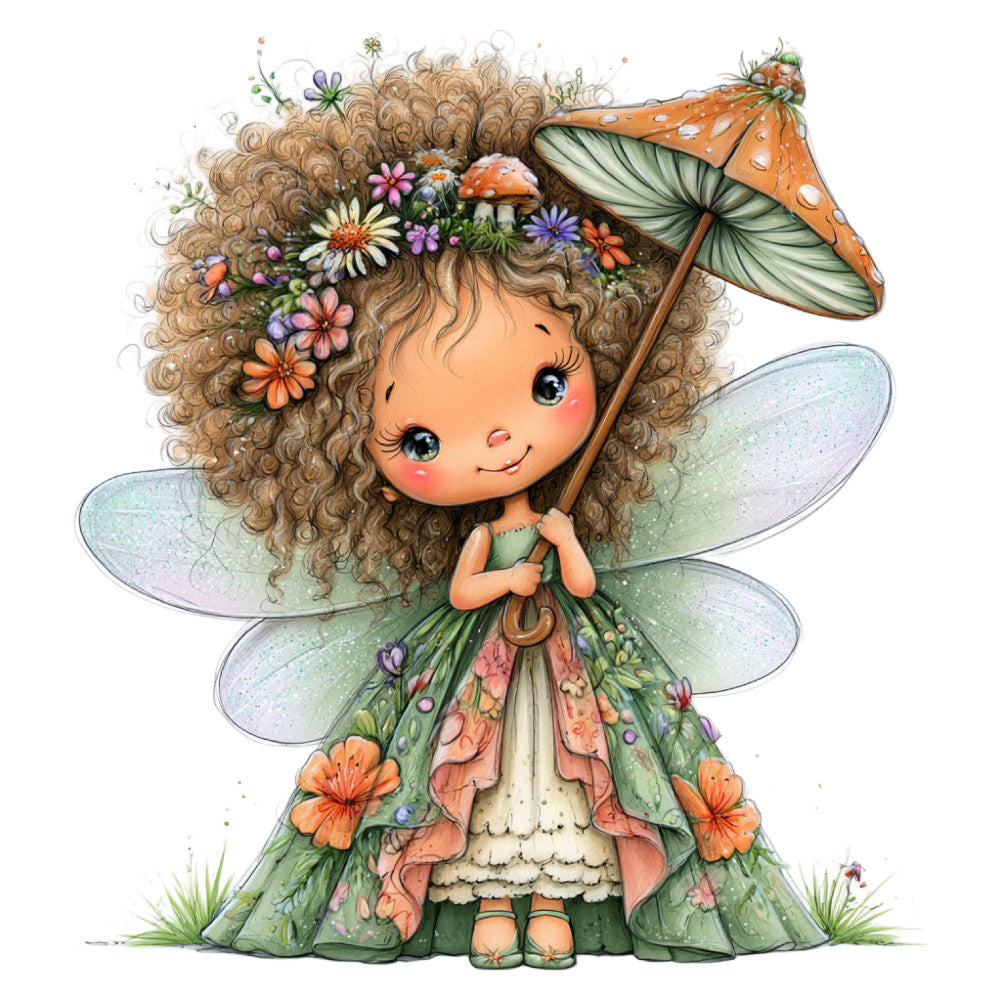 whimsical, fairy, fantasy, nature, botanical, floral, flowers, curly hair, sweet, cute, children's, girl, spring, summer, mushroom, toadstools, butterfly, wings, marigold, daisy, purple, orange, coral pink, sage green, cream, pastel, woodland, magical, storybook, illustration