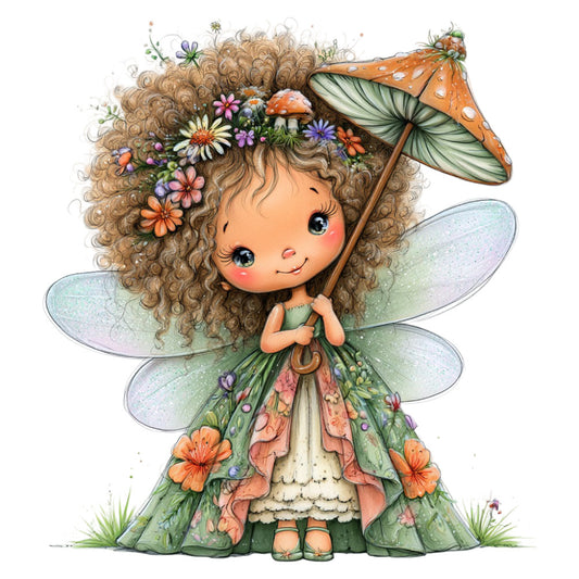 whimsical, fairy, fantasy, nature, botanical, floral, flowers, curly hair, sweet, cute, children's, girl, spring, summer, mushroom, toadstools, butterfly, wings, marigold, daisy, purple, orange, coral pink, sage green, cream, pastel, woodland, magical, storybook, illustration