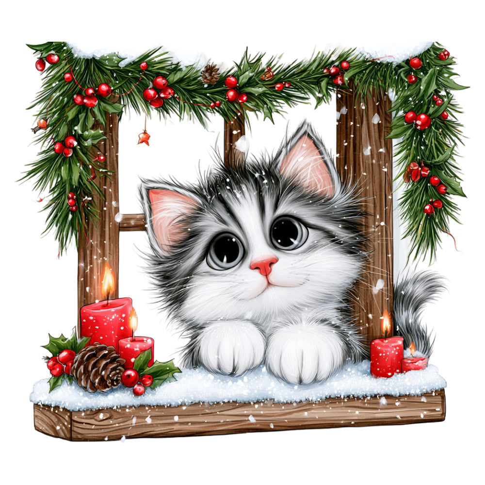 christmas, holiday, kitten, cat, festive, winter, snow, evergreen, garland, red berries, candles, pinecones, black and white, red, forest green, cream, whimsical, cute, kawaii, animals, cozy, rustic, traditional, seasonal, christmas cat, window scene, winter woodland, holiday decoration, wall hanging, panel quilt