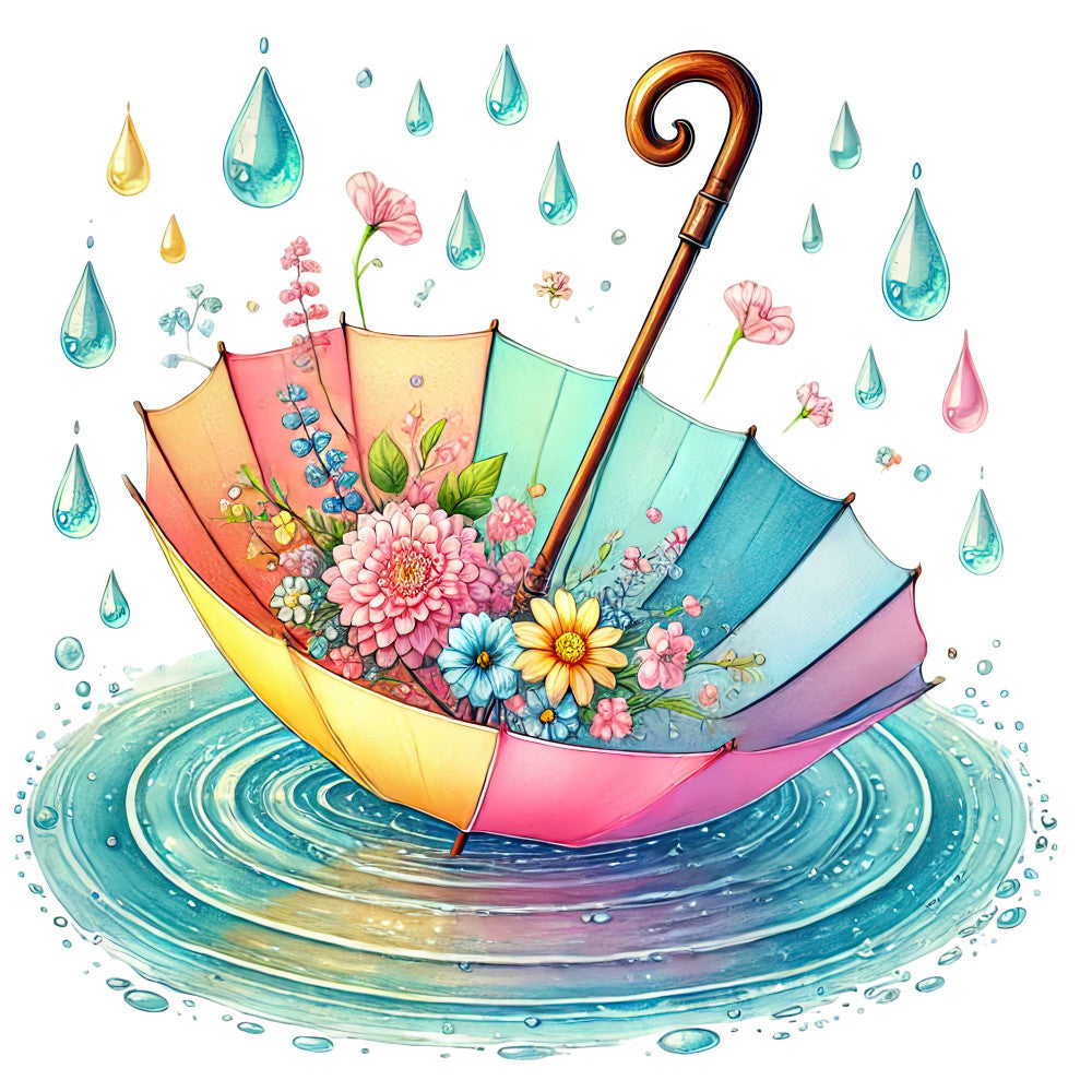 umbrella, raindrops, water droplets, floral, pink flowers, daisy, dahlia, spring, summer, whimsical, colorful, rainbow colors, turquoise, coral pink, yellow, mint green, navy blue, lavender, nature, botanical, rainy day, wet weather, playful, cheerful, decorative panel, children's fabric, nursery, garden theme, illustrated, watercolor style