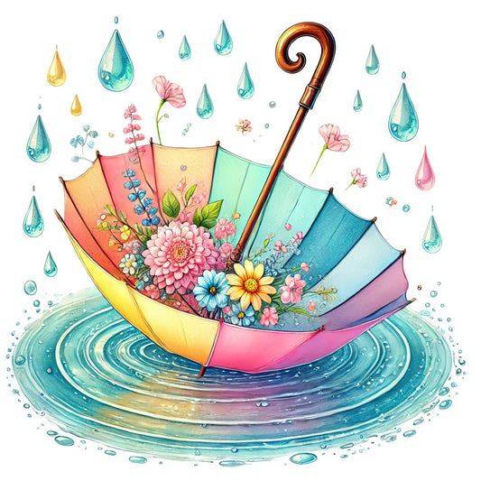 umbrella, raindrops, water droplets, floral, pink flowers, daisy, dahlia, spring, summer, whimsical, colorful, rainbow colors, turquoise, coral pink, yellow, mint green, navy blue, lavender, nature, botanical, rainy day, wet weather, playful, cheerful, decorative panel, children's fabric, nursery, garden theme, illustrated, watercolor style