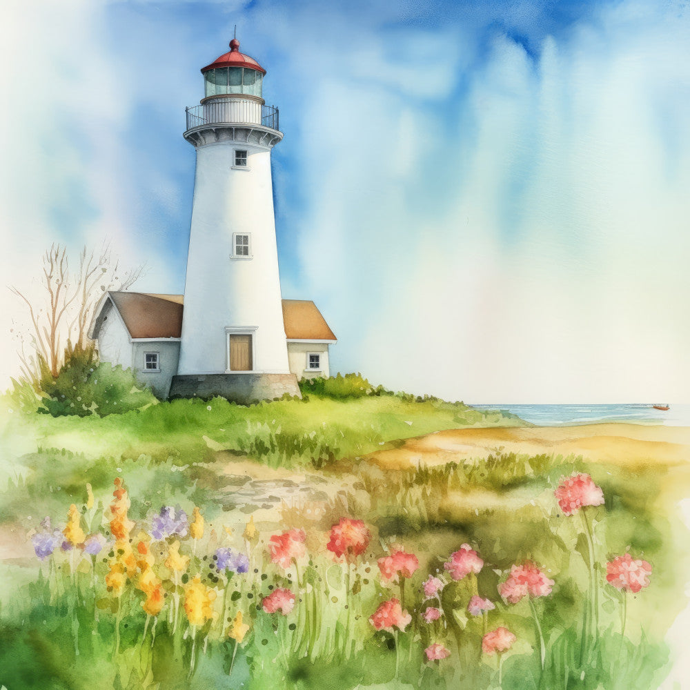 lighthouse, coastal, nautical, seaside, beach scene, watercolor, floral, wildflowers, pink flowers, yellow flowers, purple flowers, coral pink, soft yellow, sage green, sky blue, cream white, red roof, cottage, countryside, nature, spring, summer, pastoral, scenic, tranquil, whimsical, romantic, traditional, landscape, seaside cottage
