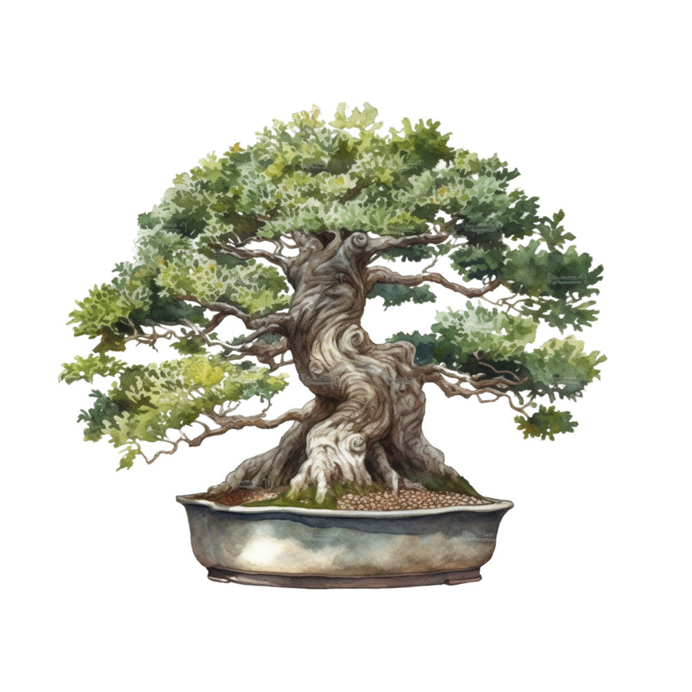 bonsai tree, fabric panel, green foliage, brown trunk, twisted branches, ceramic pot, botanical design, nature scene, miniature tree, quilting cotton, zen garden, japanese aesthetic, earthy tones, sage green, olive green, watercolor style, artistic illustration, peaceful mood, gardening theme, plant motif