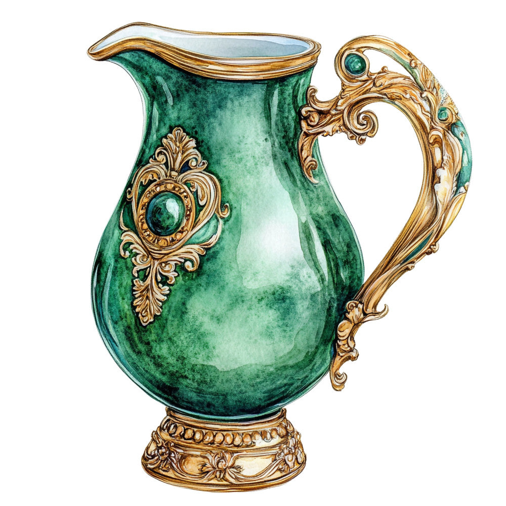 emerald green, gold, ornate, vintage, elegant, luxurious, baroque, decorative pitcher, botanical, classical, ornamental, jewel tones, malachite green, rich green, traditional, sophisticated, antique, ornate handle, gemstone, luxury, heritage, timeless, formal, decorative arts, regency, Victorian, precious metals